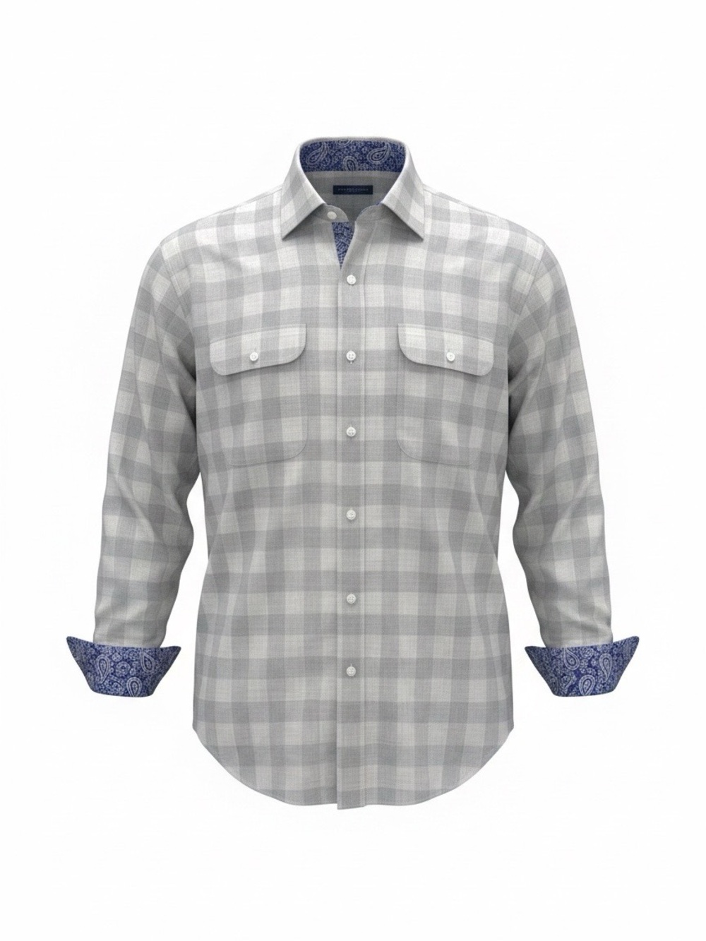 Proper Cloth Men’s Gray Plaid Shirt Dual Pockets Paisley Trim Cotton